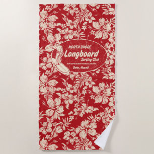 Club Surfing Longboard Logo Hibiscus Aloha- Red Beach Towel
