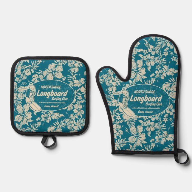 Club Surfing Longboard Logo Hibiscus Hawaiian Teal Oven Mitt & Pot Holder Set (Front)
