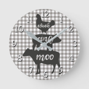 Cluck Oink Moo Chicken Cow Pig Farmhouse Kitchen Round Clock