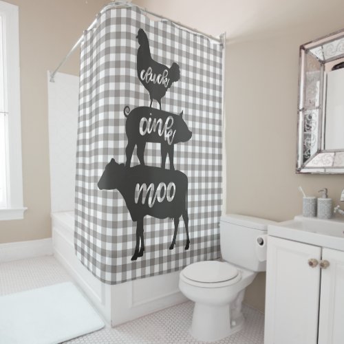 Cluck Oink Moo Chicken Cow Pig Farmhouse Plaid Shower Curtain