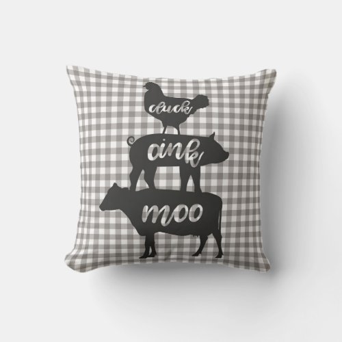 Cluck Oink Moo Chicken Cow Pig Farmhouse Plaid Throw Pillow