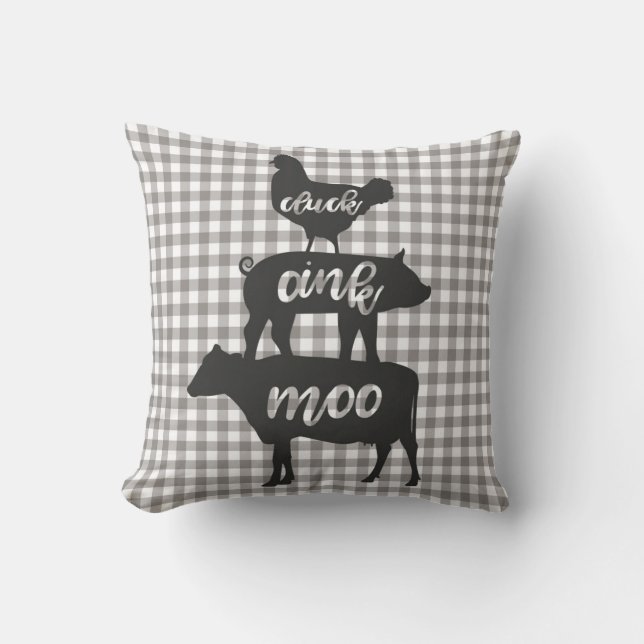 Cluck Oink Moo Chicken Cow Pig Farmhouse Plaid Throw Pillow (Front)