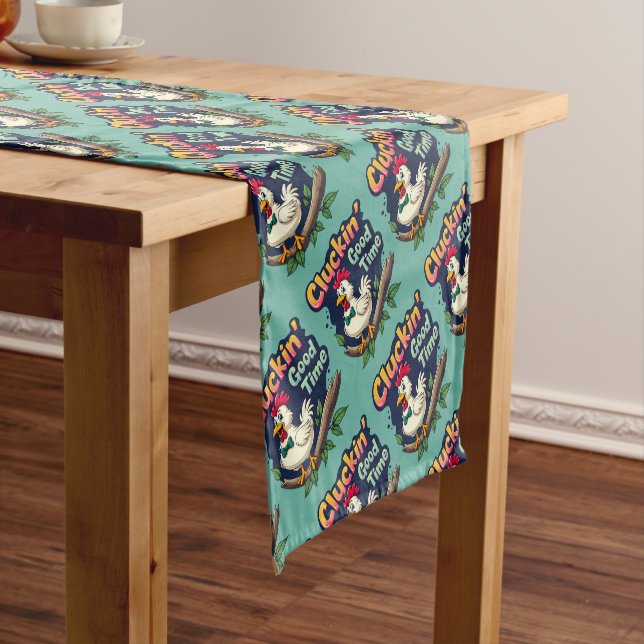 Cluckin' Good Time Funny Chicken Illustration Short Table Runner (In Situ)