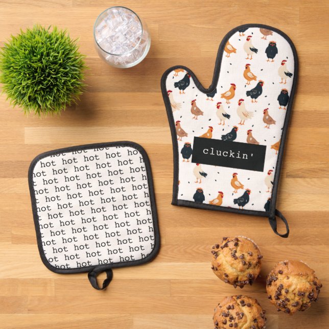 Cluckin' Hot Cute Funny Chicken Gift Illustration Oven Mitt & Pot Holder Set (Top Down)