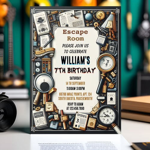 Clue Spy Escape Room 7th Birthday Invitation
