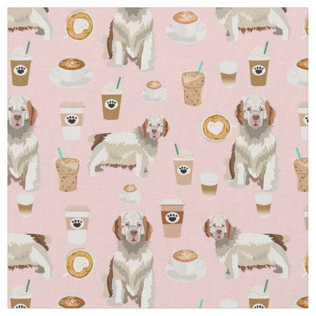 Clumber Spaniel coffee lover pink Fabric (Close Up)