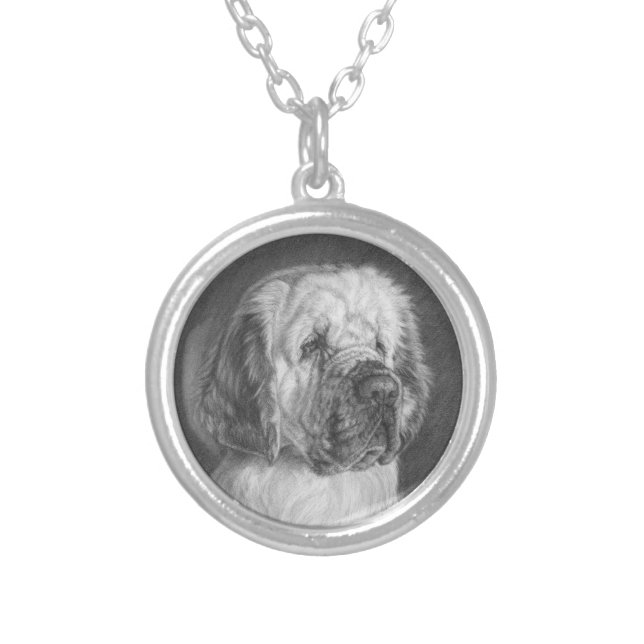 Clumber Spaniel Drawing on a Pendant Necklace (Front)