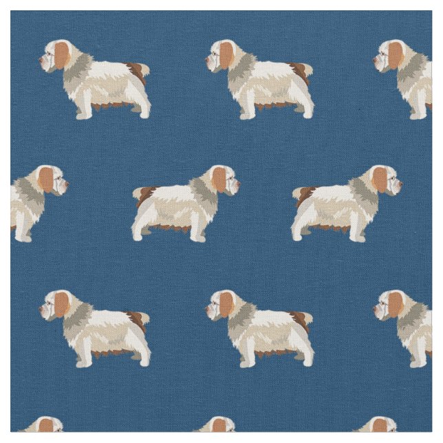 Clumber Spaniel navy blue dog Fabric (Close Up)