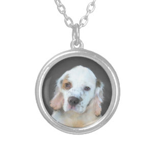 Clumber Spaniel Painting - Cute Original Dog Art Silver Plated Necklace