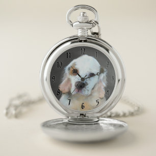 Clumber Spaniel Puppy Painting - Original Dog Art Pocket Watch