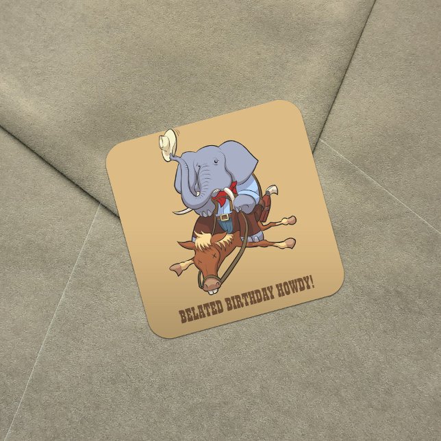 Clumsy Cowboy Elephant Funny Horse Rider Cartoon Square Sticker (Creator Uploaded)