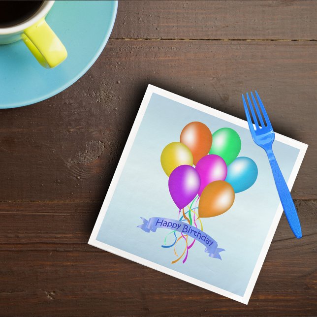 Cluster Bright Colourful Balloons Happy Birthday Paper Dinner Napkins (Bunch bright festive colourful balloons streamer Happy Birthday Banner on blue paper party napkins.)