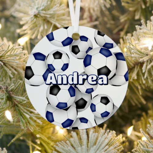 cluster of blue black soccer balls sports keepsake metal ornament