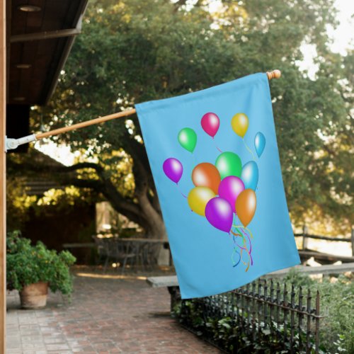 Cluster of Bright Colorful Balloons Streamers Blue House Flag