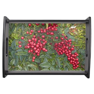 CLUSTER OF RED BERRIES & GREEN FOLIAGE SERVING TRAY