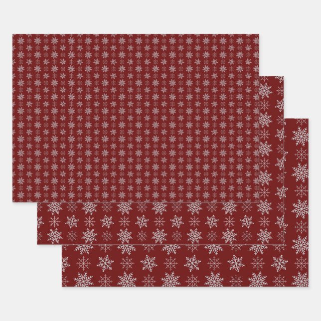 Cluster of Snowflakes on Deep Red Wrapping Paper Sheets (Set)