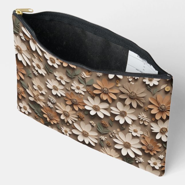 Clustered 3d flowers in a minimalistic style accessory pouch (Open)