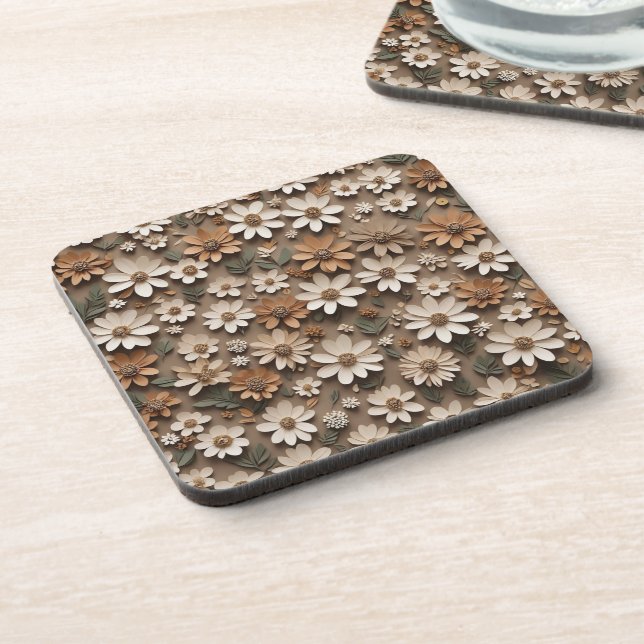 Clustered 3d flowers in a minimalistic style beverage coaster (Left Side)