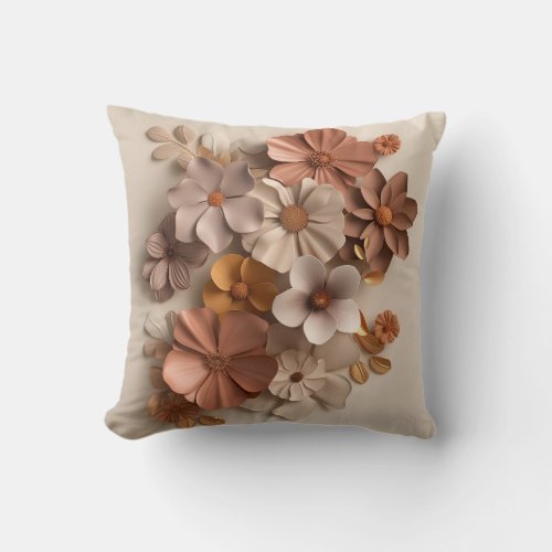 Clustered 3D flowers with earth tones Throw Pillow