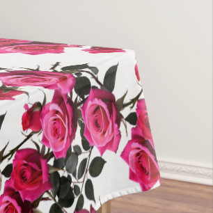 Clustered Red And Pink Roses On A Stark White  Tablecloth