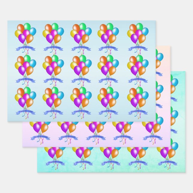 Clusters of Bright Festive Balloons Happy Birthday Wrapping Paper Sheets (Set)
