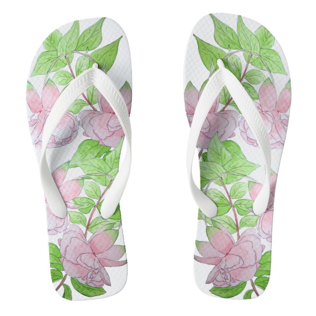 clusters of pretty pink flowers and leafs floral flip flops (Footbed)
