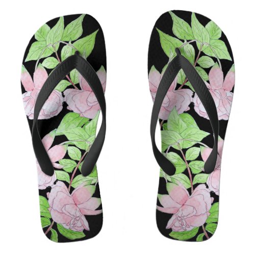 clusters of pretty pink flowers and leafs floral flip flops