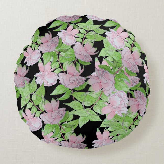 clusters of pretty pink flowers and leafs floral round pillow (Front)
