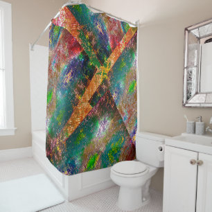 Clutter of colored layers with rustic burnt shower curtain