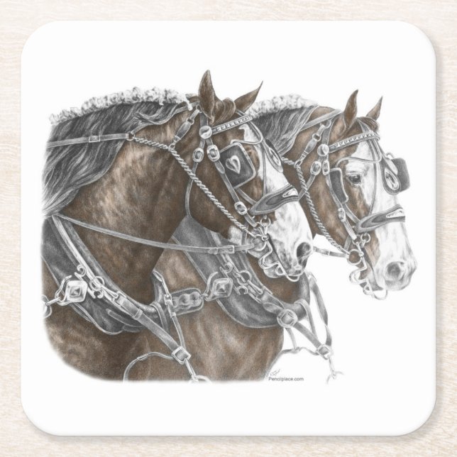 Clydesdale Draft Horse Team Square Paper Coaster (Front)