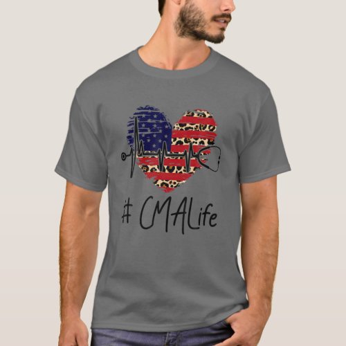 CMA Life Heart American Flag Leopard Stethoscope H T_Shirt