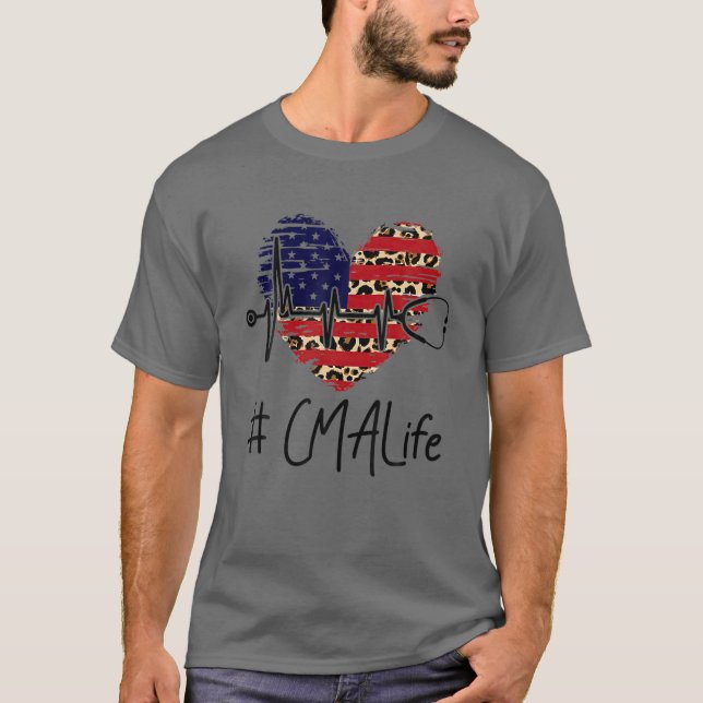 CMA Life Heart American Flag Leopard Stethoscope H T-Shirt (Front)