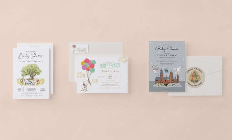 Baby shower supplies featuring old and new childhood favorite characters