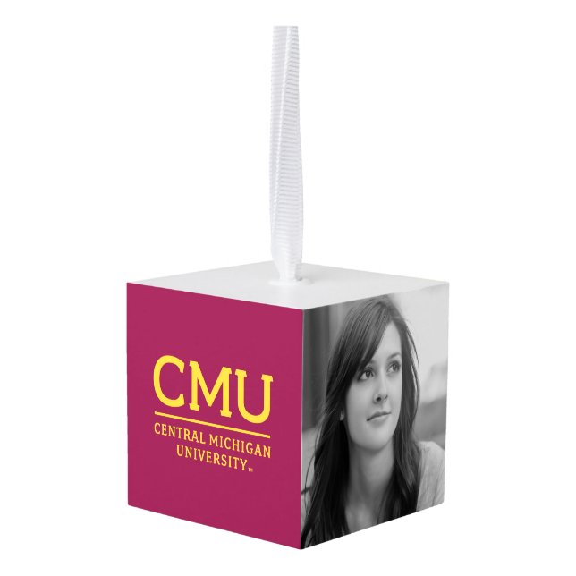 CMU Wordmark Cube Ornament (Back Angled)