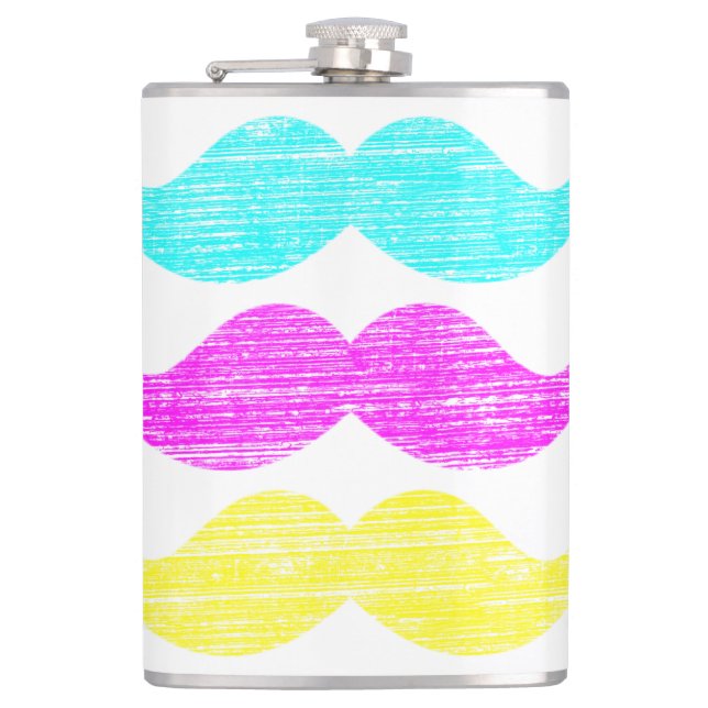 CMY Mustaches (letterpress style) Flask (Front)