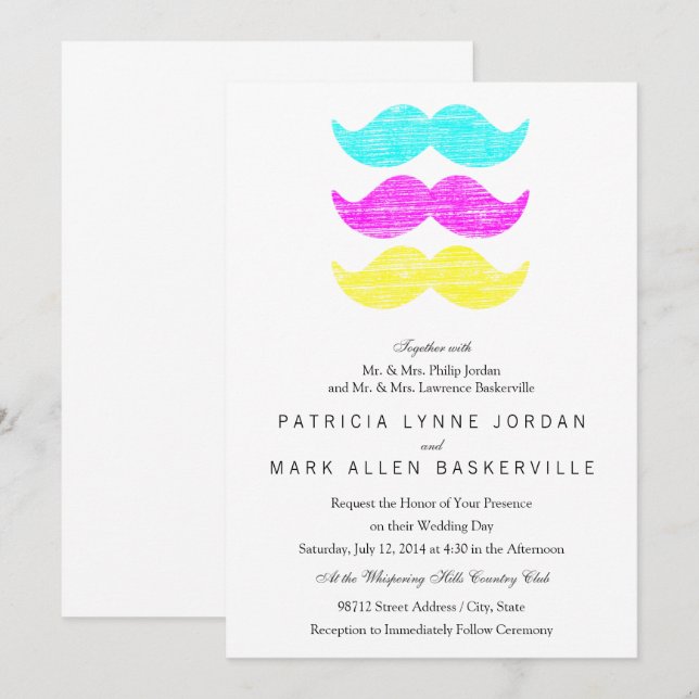 CMY Mustaches (letterpress style) Invitation (Front/Back)