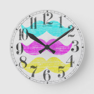 CMY Mustaches (letterpress style) Round Clock