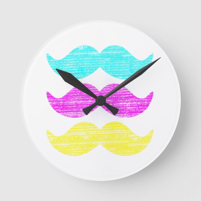 CMY Mustaches (letterpress style) Round Clock (Front)