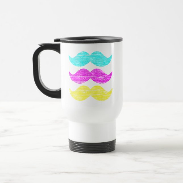 CMY Mustaches (letterpress style) Travel Mug (Left)