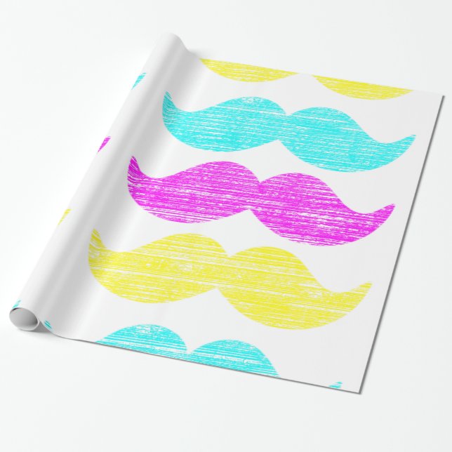 CMY Pop Art Mustache Pattern Gift Wrap (Unrolled)