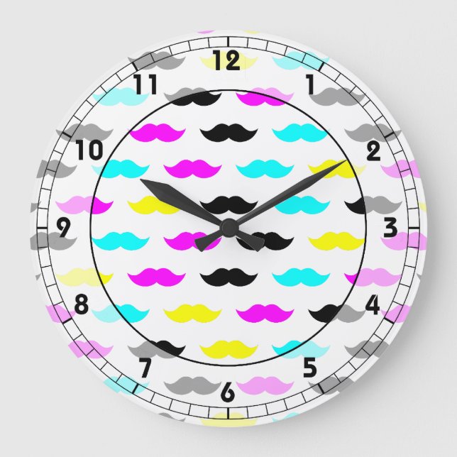 CMYK hipster mustache pattern Large Clock (Front)