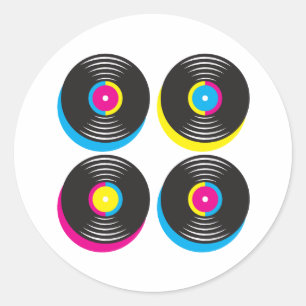 CMYK pop art vinyl records 80s style bright colors Classic Round Sticker