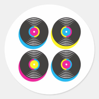 CMYK pop art vinyl records 80s style bright colors Classic Round Sticker