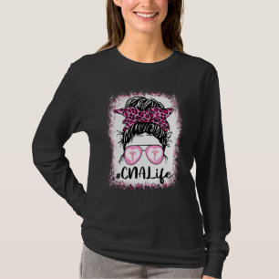 Cna Life Messy Bun Pink Leopard Bleached Nurse's D T-Shirt