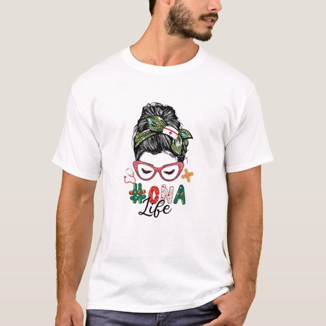 CNA Life Nurse Messy Hair Bun Stethoscope Christma T-Shirt (Front)
