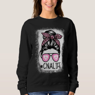 Cna Nurse Life Bleached Pink Leopard Messy Bun Gir Sweatshirt