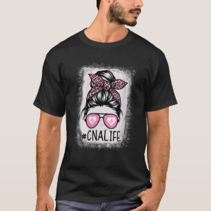CNA Nurse Life Bleached S Pink Leopard Messy Bun W T-Shirt