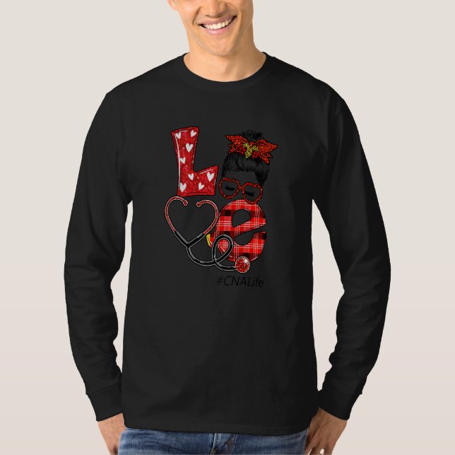 Cna Nurse Plaid Red Leopard Love Heart Messy Bun N T-Shirt (Front)