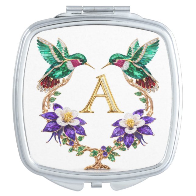 CO Hummingbird & Columbine Letter A Square Wedding Compact Mirror (Front)
