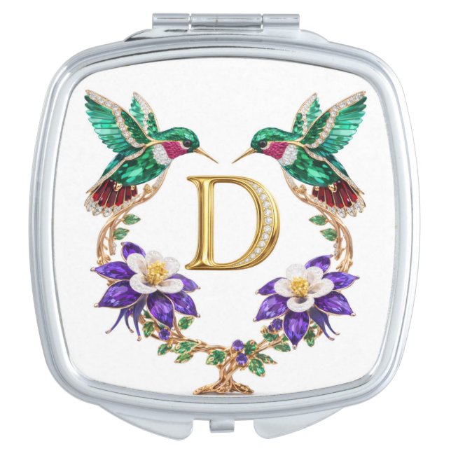 CO Hummingbird & Columbine Letter D Square Wedding Compact Mirror (Front)